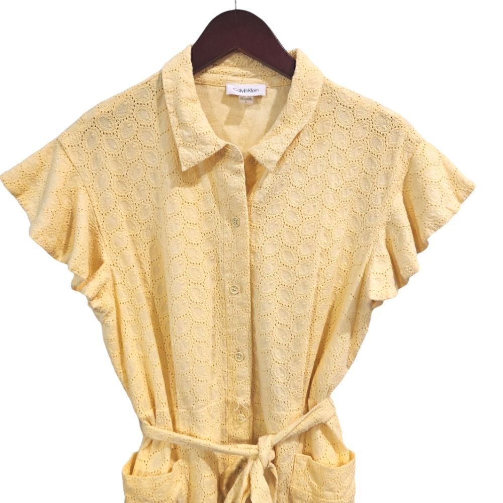Calvin Klein Eyelet Shirt Dress Flutter Sleeve Belt Yellow 12 Women's - Picture 4 of 8